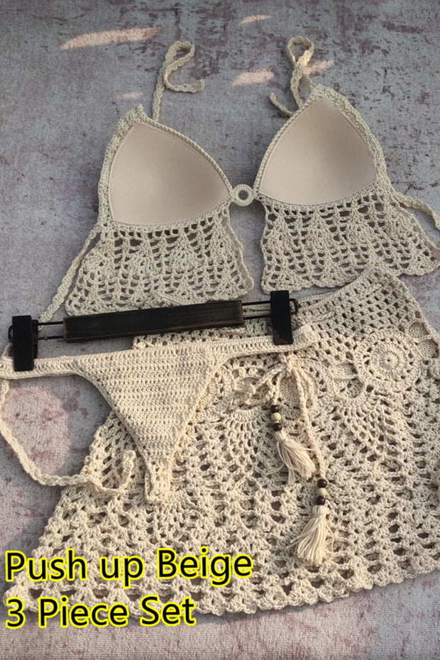 Handmade crocheted halterneck triangle bikini beach skirt sexy three-piece set