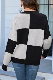 Plaid Colorblock Round Neck Knit Pullover Sweater