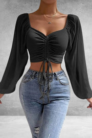 V-neck Chiffon Drawstring Lantern Sleeve Tight Sexy Shirt In Dark Colors