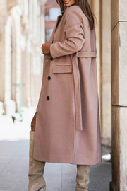 Simple Long Sleeve Suit Collar Lace Up Woolen Coat