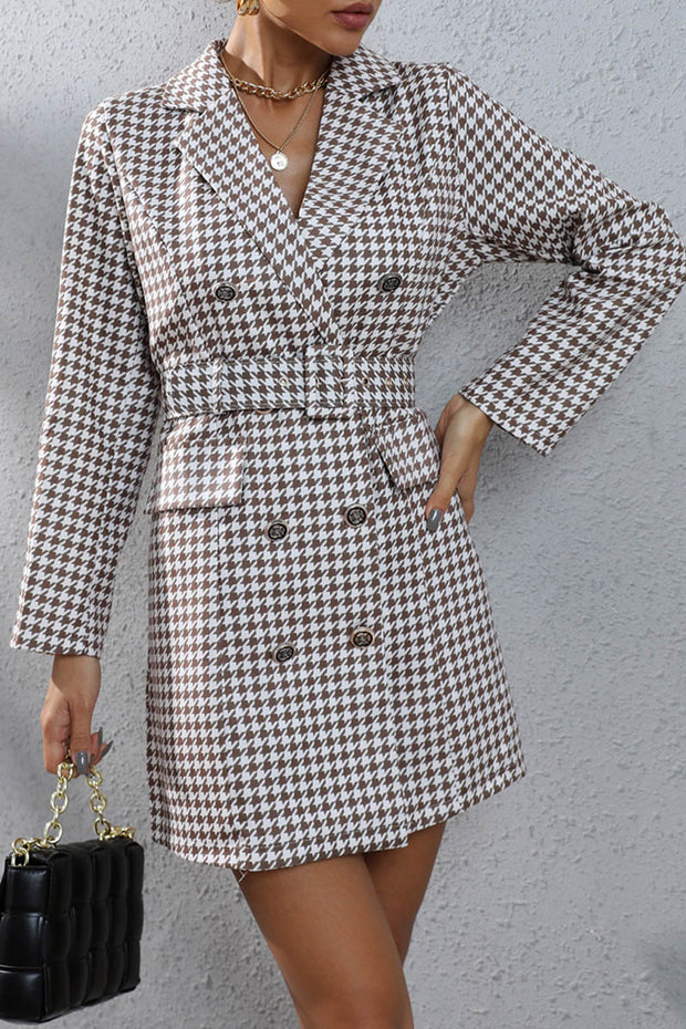 Houndstooth Lapel Belt Elegant Blazer Dress