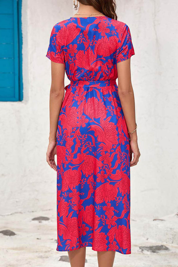 Printed Slit V Neck Midi Dress