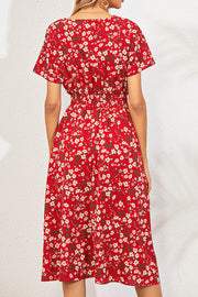 Retro Floral V Neck Short Sleeve Midi Dress