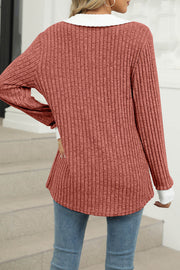 Colorblock Lapel V-neck Long Sleeve Loose Brushed Pullover