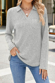 Solid Color Lapel V-neck Pocket Long Sleeve Loose Brushed Top