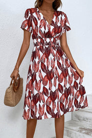 Leaf Print V Neck Short Sleeve Midi Dress