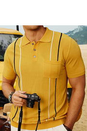 Men's Summer Striped Pocket Knit Short Sleeve Polo Shirt
