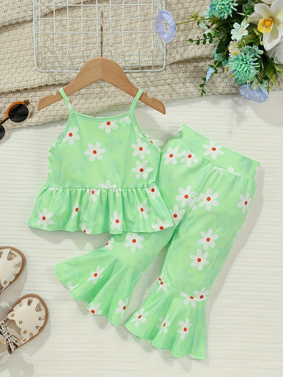 Baby's Cartoon Flower Full Print 2pcs Sleeveless Outfit, Ruffle Trim Cami Top & Flared Pants Set, Toddler & Infant Girl's Clothes For Summer Daily/Holiday, As Gift