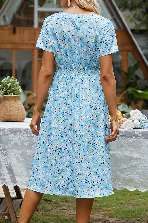 Retro Floral V Neck Short Sleeve Midi Dress