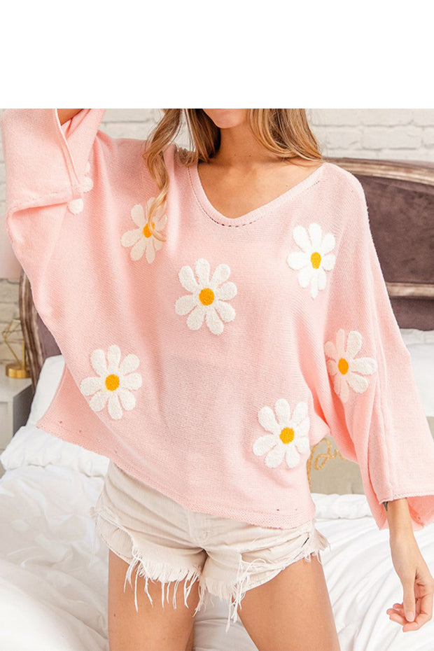 Floral Embroidered Bell Sleeve Oversized Sweater