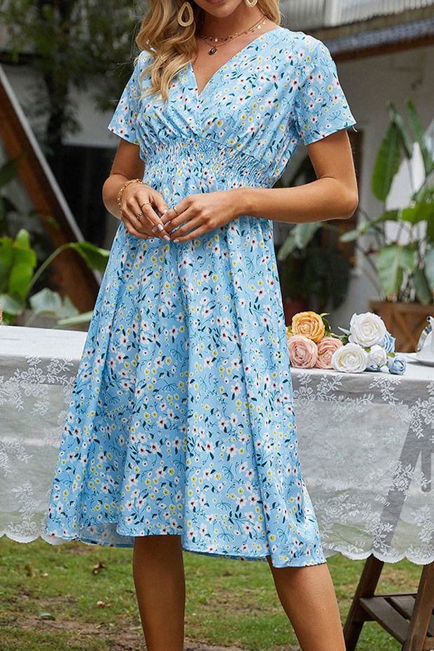 Retro Floral V Neck Short Sleeve Midi Dress