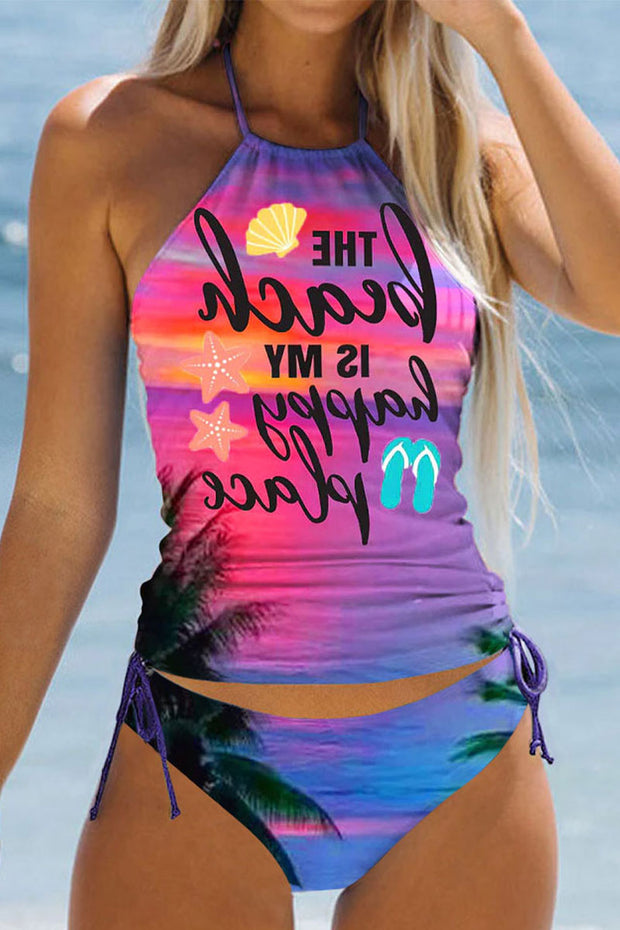 Simple resort style rainbow sea letters halterneck two-piece swimsuit