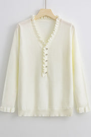 Women's solid color ruffled POLO collar long-sleeved sweater