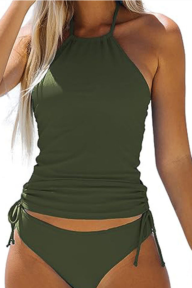 Simple resort style military green halterneck two-piece swimsuit
