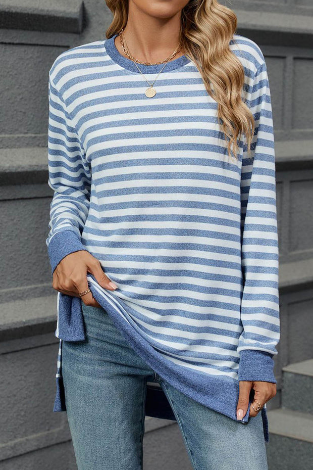 Striped Colorblock Round Neck Loose Long Sleeve T-shirt