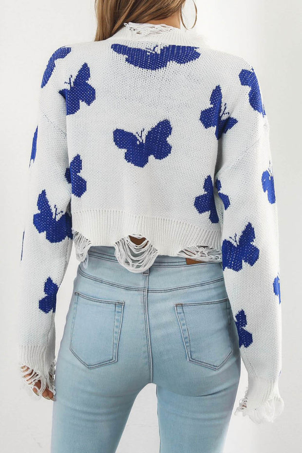 Ripped Butterfly Jacquard Cropped Sweater