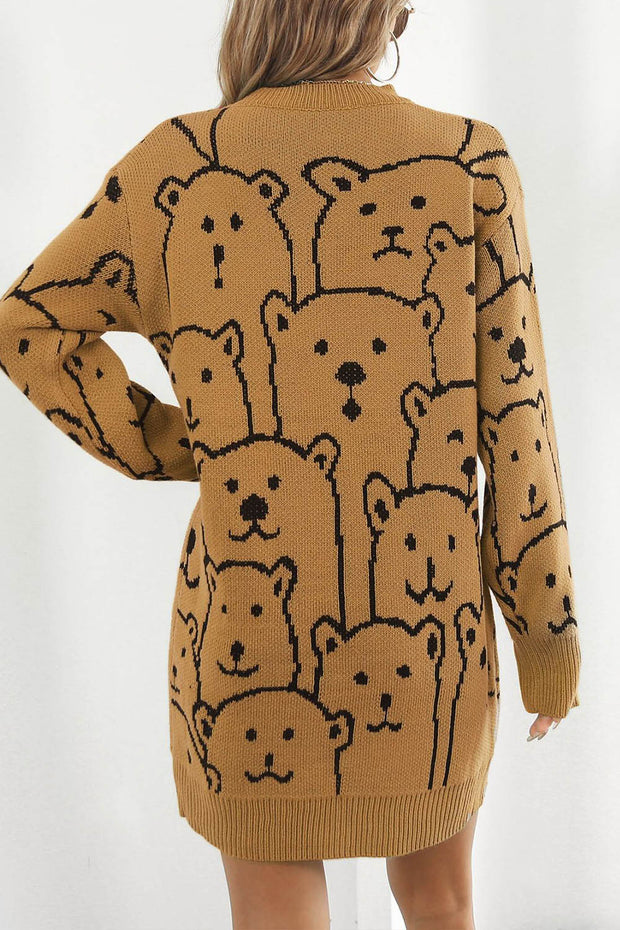 Little Bear Jacquard V-Neck Long Sleeve Sweater Dress