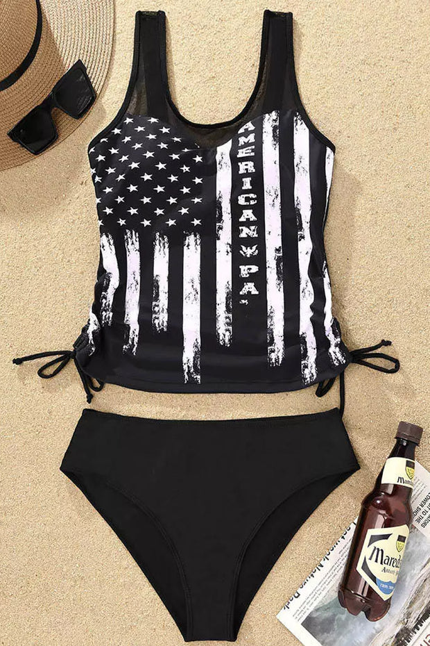American Flag Drawstring Mesh Splicing Two Pieces Swimsuit
