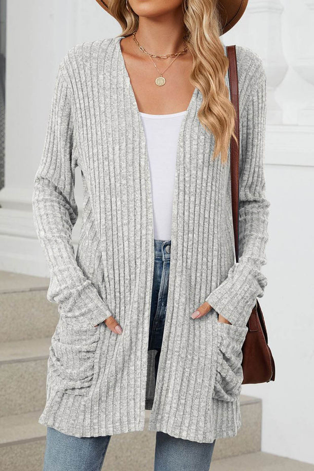 Solid Color Pocket Long Sleeve Cardigan Sweater