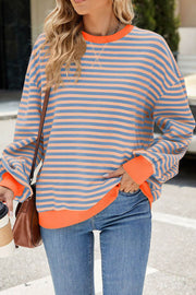 Striped Round Neck Colorblock Loose Long Sleeve Sweatshirt