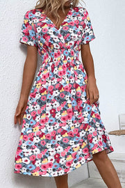 Retro Floral V Neck Short Sleeve Midi Dress