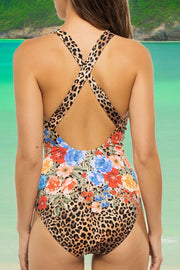 Printed Leopard Patchwork V Neck Cross Strap Bikini