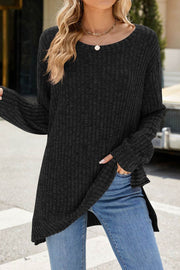 Solid Color Round Neck Long Sleeve Brushed Slit Pullover