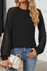 Lace Panel Round Neck Long Sleeve Loose Top