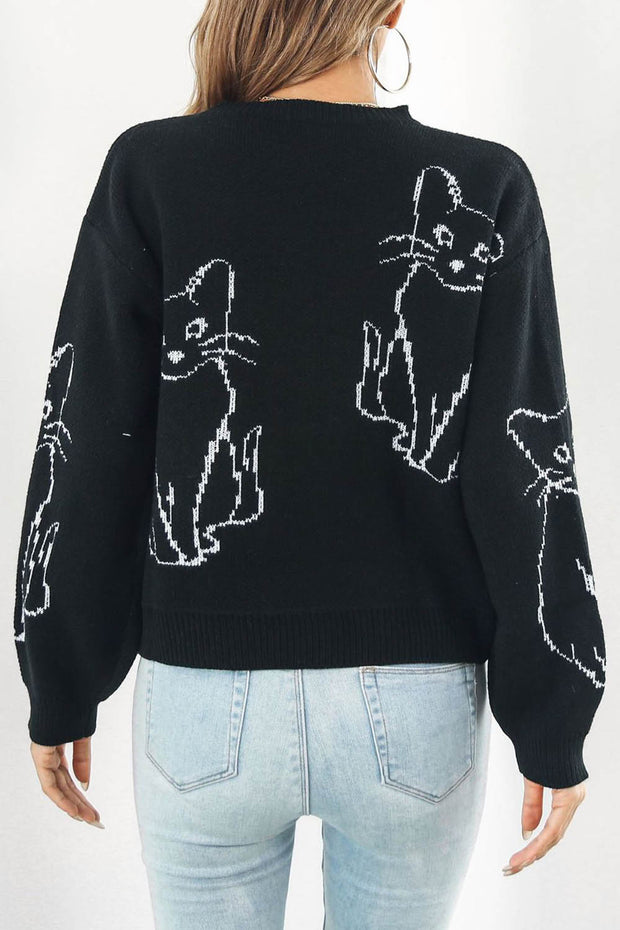 Cat Jacquard Loose Long Sleeve Sweater