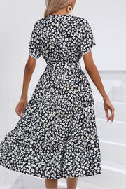 Floral Slit V Neck Short Sleeve Midi Dress