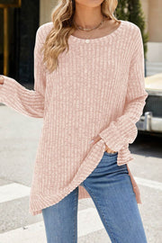 Solid Color Round Neck Long Sleeve Brushed Slit Pullover