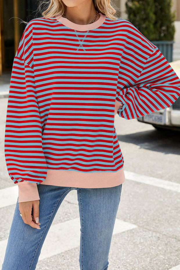 Striped Round Neck Colorblock Loose Long Sleeve Sweatshirt