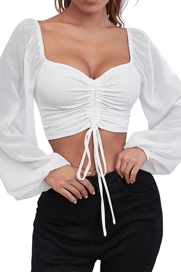 V-neck Chiffon Drawstring Lantern Sleeve Tight Sexy Shirt