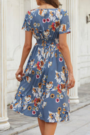 Floral V Neck Short Sleeve Midi Dress