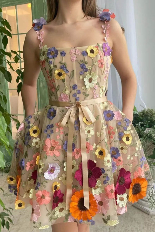 3D Flower Embroidered Suspender Dress