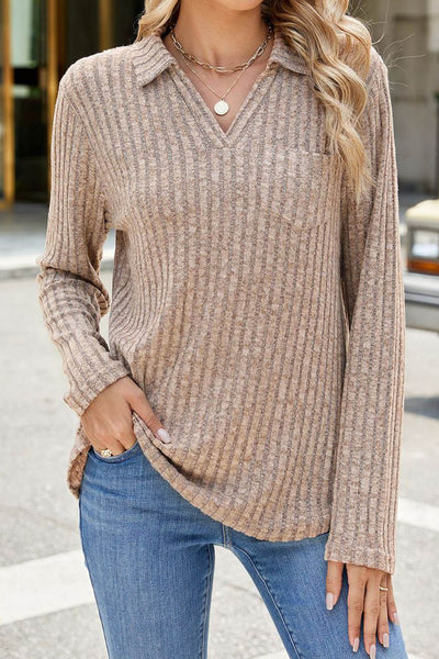 Solid Color Lapel V-neck Pocket Long Sleeve Loose Brushed Top