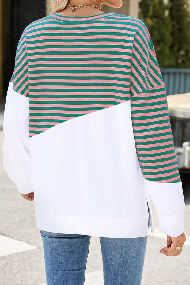 Solid Color Striped Colorblock Round Neck Long Sleeve Sweatshirt