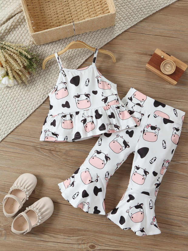 Baby girl halter top + bell bottom pants set, cute two-piece set with cow print