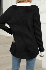 Colorblock Lapel V-neck Long Sleeve Loose Brushed Pullover