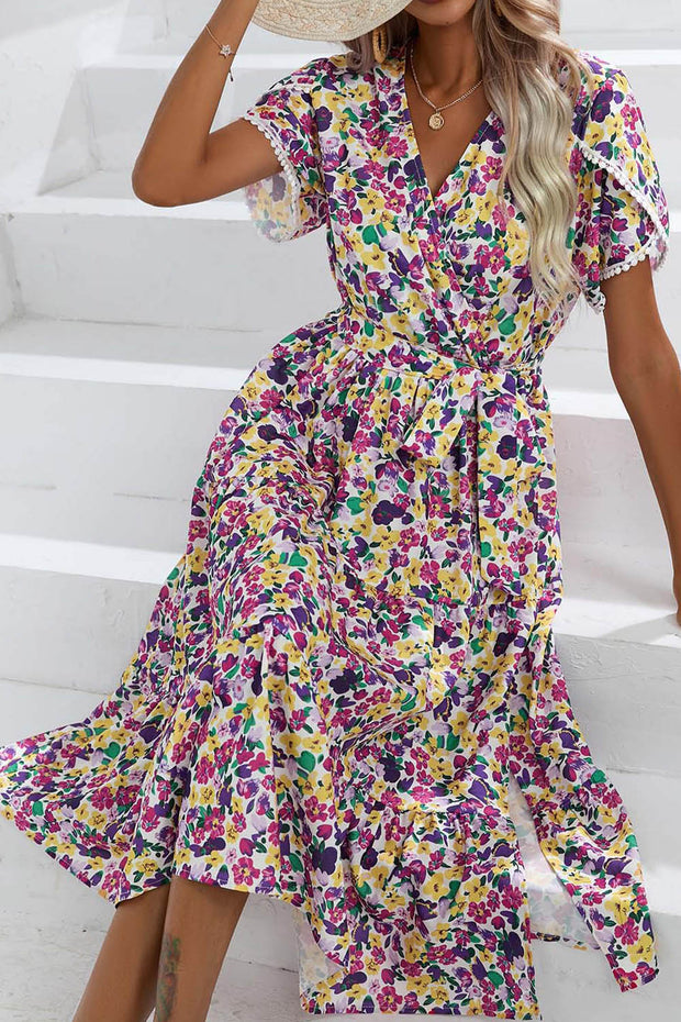 Floral Slit V Neck Short Sleeve Midi Dress