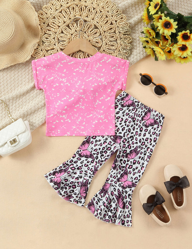 Baby's Butterfly Letter Print 2pcs Casual Outfit, T-shirt & Leopard Pattern Flared Pants Set, Toddler & Infant Girl's Clothes For Daily/Holiday/Party