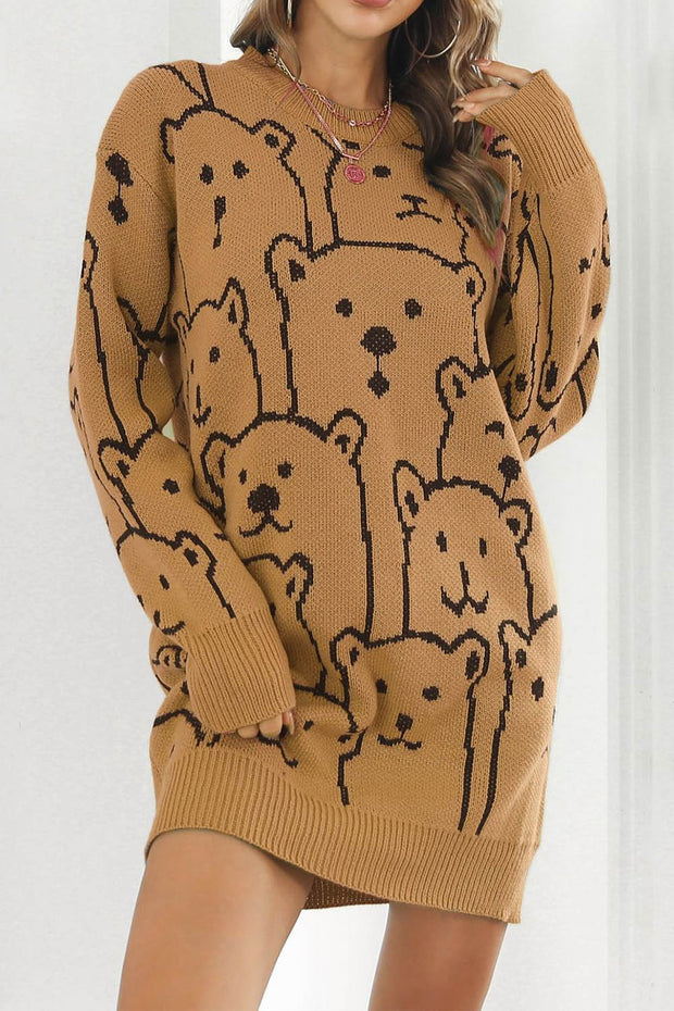 Little Bear Jacquard V-Neck Long Sleeve Sweater Dress