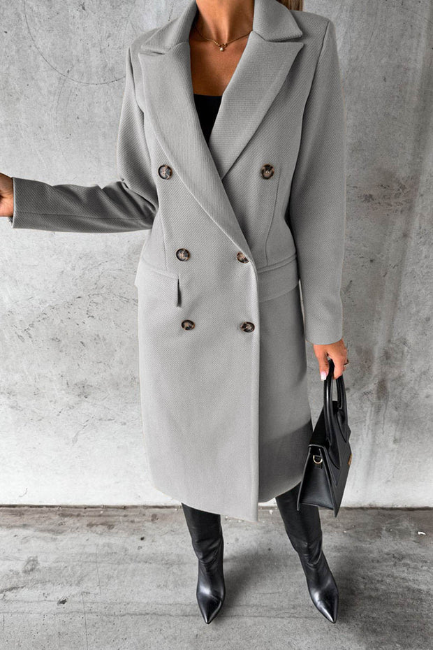 Solid Color Long Sleeve Double Breasted Coat with Pockets