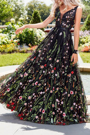 3D Floral Embellished V-neck Open Back Maxi Dress