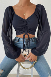 V-neck Chiffon Drawstring Lantern Sleeve Tight Sexy Shirt In Dark Colors