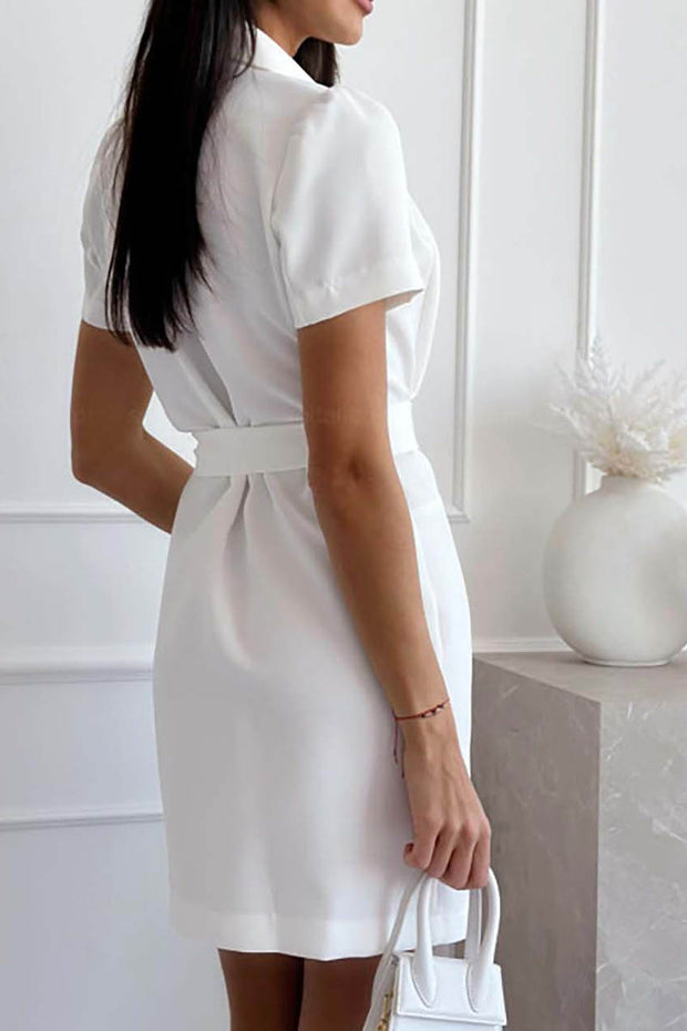 Solid Color Lapel Belt Short Sleeve Suit Dress