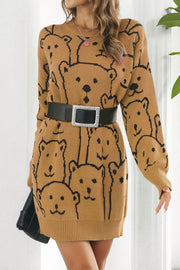 Little Bear Jacquard V-Neck Long Sleeve Sweater Dress