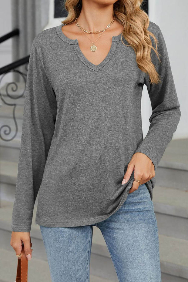 V-neck Solid Color Loose Long-sleeved T-shirt Top