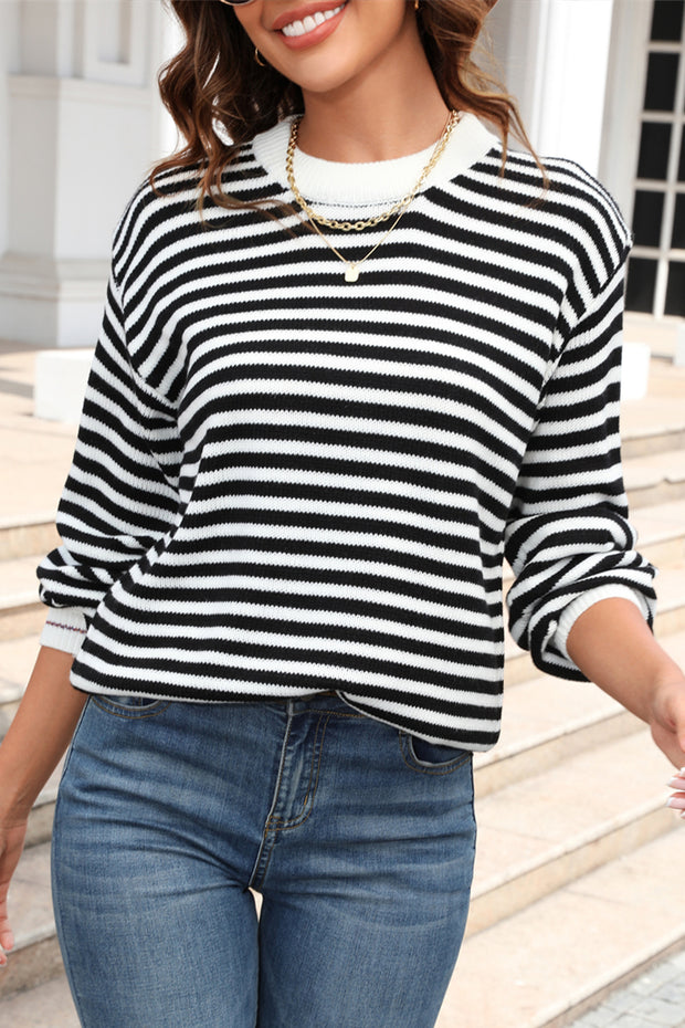 Striped Color Contrast Round Neck Pullover Sweater