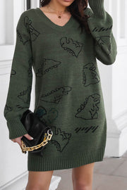 Cute Dinosaur Cartoon Jacquard V-Neck Long Sleeve Sweater Dress